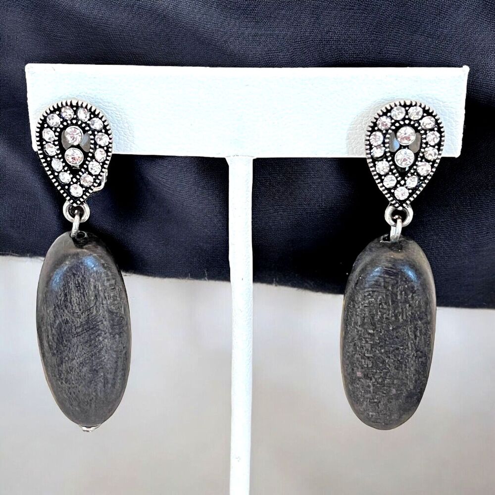 Vintage 1980s Drop Earrings Hematite Tone Crystal Wood Bead Clip On - 12R